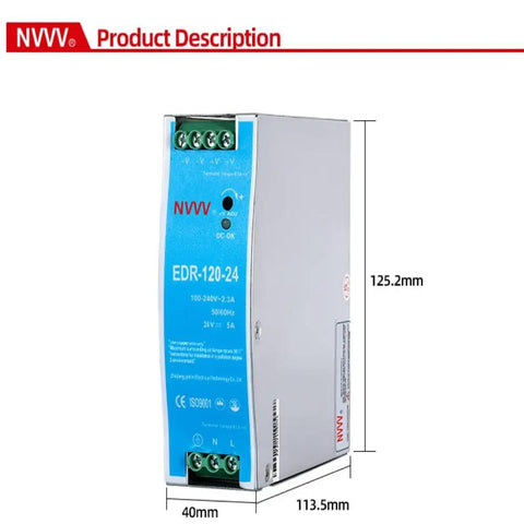 EDR-120-24 120W 24VDC 5A Industrial DIN Rail Power Supply with Universal 85-264VAC Input shown with dimensions