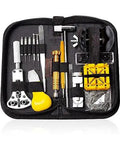 Pro Grade Watch Repair Tool Kit With Link Pin Remover And Shell Opener For Strap Replacement with assorted tools in a compact case.