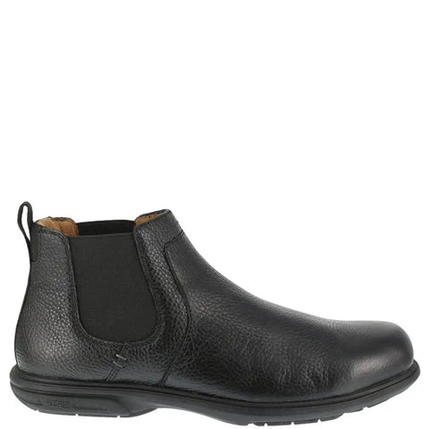 Loedin Chelsea Work Boot With Steel Toe For Men Slip On Dress Boot In Black Leather Cushioned Footbed Easy On Off Back Pull Tab Twin Elastic Goring Built To Last, side view