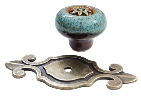Top Shelf 10 Pack Retro Ceramic Cabinet Knobs Vintage Petal Drawer Pulls With Rustic Zinc Alloy Mounts No Sweat Easy Install For Kitchen Cupboard Dresser Room Decor, blue ceramic knob with bronze plate.