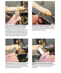 Book page collage showing four woodturning steps on a lathe, shaping a spindle with a gouge and wood shavings.