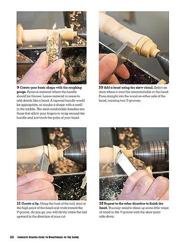 Book page collage showing four woodturning steps on a lathe, shaping a spindle with a gouge and wood shavings.