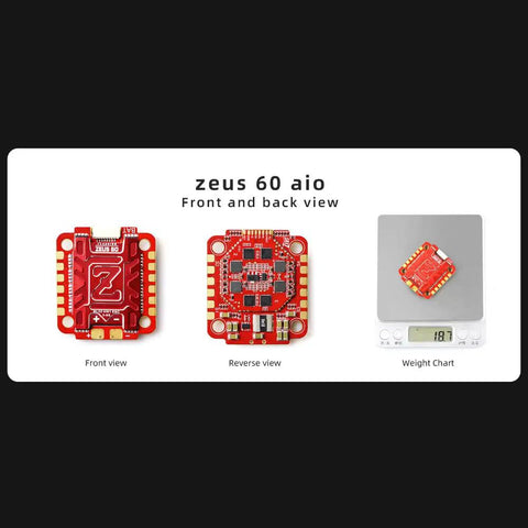 Front and back view of 60A 4-In-1 ESC BL32 For 3-6S FPV Racing Drones Freestyle, shown on a scale with weight displayed.