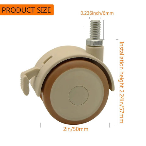 Heavy Duty 2 Inch Swivel Caster Wheels With Brakes 4 Pack Replacement Furniture Casters showing wheel size and M6 threaded stem.