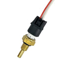 Close-up coolant temperature sensor with brass threaded probe and black connector housing, red and white wires