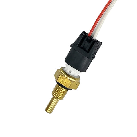 Close-up coolant temperature sensor with brass threaded probe and black connector housing, red and white wires