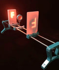 Pro Grade Physical Optics Experiment Kit With Complete Optical Platform Setup showing illuminated letters F and P on clear panels.