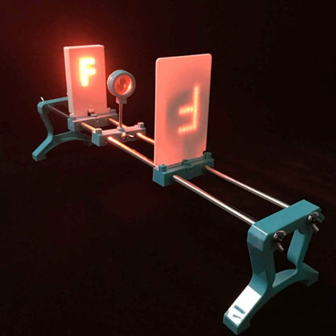 Pro Grade Physical Optics Experiment Kit With Complete Optical Platform Setup showing illuminated letters F and P on clear panels.