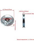 Silver Iron Cable Pulley Wheel 73mm Outer Diameter 10mm Inner Diameter V Shape Groove 6.5mm Width 4.6mm Depth Built Tough Idler Bearing Pulley With 215kg Load For Gym Gear And Garage Door Opener, side and top view with dimensions.