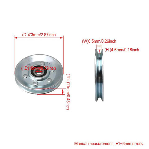 Silver Iron Cable Pulley Wheel 73mm Outer Diameter 10mm Inner Diameter V Shape Groove 6.5mm Width 4.6mm Depth Built Tough Idler Bearing Pulley With 215kg Load For Gym Gear And Garage Door Opener, side and top view with dimensions.