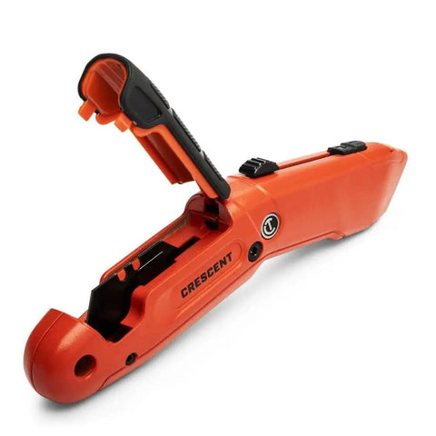 Auto Retracting Safety Utility Knife With Quick Change Blades, Thumb Bridge Grip, end cap open, orange color, side view