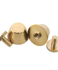 Straight Up Solid Brass Purse Feet With Flat Head Studs And Badass Screw Rivets For Pro Handbag Gear and Top Shelf Leather Crafting DIY Tools. Three brass purse feet with flat heads and screws.