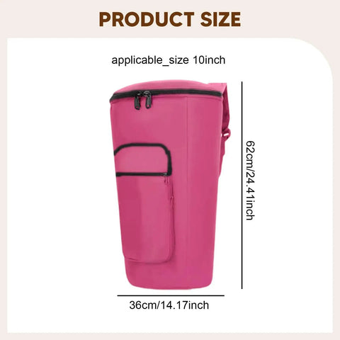Heavy Duty 12 Inch African Drum Bag Waterproof Shockproof Hand Drum Backpack Oxford Cloth Case in pink with size dimensions.