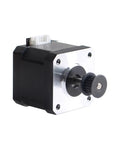 Front view of NEMA 17 Z-axis stepper motor with silver front plate, black body, and pulley on shaft.