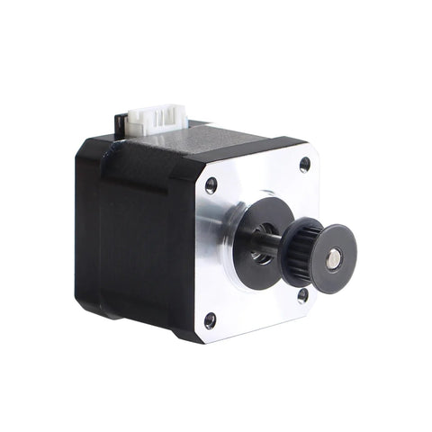 Front view of NEMA 17 Z-axis stepper motor with silver front plate, black body, and pulley on shaft.