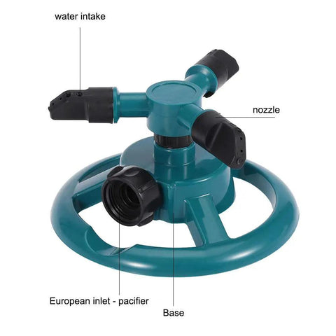 3 Nozzle 360 Degree Circular Rotating Garden Sprinkler For Lawn And Yard, showing labeled parts such as water intake and nozzles.