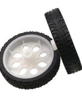 Four Pack Rubber Wheel Set For TT Motors With Encoders Dope High Speed Car Wheels Replacement Parts For Gearbox Motors 200 RPM Ratio 1 To 48 Shaft 15 By 65 mm For DIY Arduino Projects, showing two black rubber wheels with white hubs.