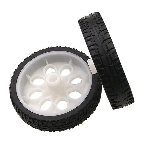 Four Pack Rubber Wheel Set For TT Motors With Encoders Dope High Speed Car Wheels Replacement Parts For Gearbox Motors 200 RPM Ratio 1 To 48 Shaft 15 By 65 mm For DIY Arduino Projects, showing two black rubber wheels with white hubs.