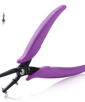 1.5mm Round Hole Punch Pliers For Soft Sheet Metal Long Jaw Craft Tool with ergonomic purple handles.