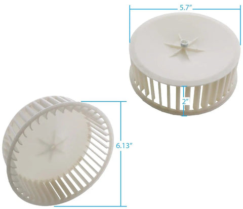 Upgraded 5901A000 Fan Blower Wheel Assembly For NuTone And Broan Vent Fans Made In USA OEM Replacement With Tight Fit Compatible With Many Models Includes 2 Year Warranty Pack Of 1; side and top view with dimensions