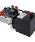 Heavy Duty 12V DC Hydraulic Power Unit With Double Acting Motor And 3 Quart Steel Reservoir, side view with black reservoir.