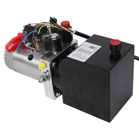 Heavy Duty 12V DC Hydraulic Power Unit With Double Acting Motor And 3 Quart Steel Reservoir, side view with black reservoir.