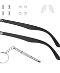 Top Tier Glasses Arm Replacement Set For Everyday Spectacles includes black 14cm arms, screws, washers, screwdriver, and nose pads.