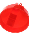 Top view of a red Polyethylene Plastic Funnel With Screen And Hanging Tab, 2 Quart Capacity, Built Tough Corrosion Resistant