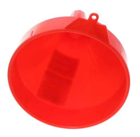 Top view of a red Polyethylene Plastic Funnel With Screen And Hanging Tab, 2 Quart Capacity, Built Tough Corrosion Resistant