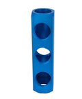 Three Way 0.8125 Inch Manifold Block Splitter For Air Hose Inline Pneumatic System Built Tough For Air Compressor Perfect For DIY Projects Shop Garage Setups, showing a blue nickel-plated iron block with three ports.