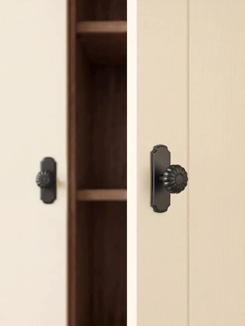 Matte Black Cabinet Knobs With Scalloped Backplates 6 Pack Featuring Slick Fluted Floral Handles And A Beaded Center Medallion on doors