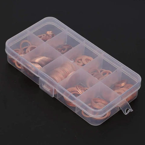 Solid Copper Flat Washers Assorted Set M5 To M14 Including 200 Pcs For Electrical Insulation Stopping Galvanic Corrosion On Aluminum Steel Or Auto Wiring Solar Panels Load Distribution Kit Good For Home Or Garage Use Solid Copper Gear You Gotta Grab in plastic organizer box