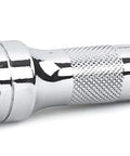 Chrome knurled extension bar from 33 Piece Half Inch Drive 12 Point Mechanics Tool Set With Standard And Deep SAE Chrome Sockets For Pro Grade Tough Jobs, Large Hard Stamped Size Markings, Knurled Extensions, Built For Pros And DIYers