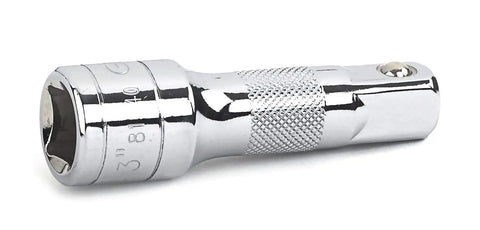 Chrome knurled extension bar from 33 Piece Half Inch Drive 12 Point Mechanics Tool Set With Standard And Deep SAE Chrome Sockets For Pro Grade Tough Jobs, Large Hard Stamped Size Markings, Knurled Extensions, Built For Pros And DIYers