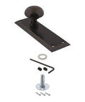 New York Style Door Knob With Plate Set For Interior Doors Smooth Round Knob in Timeless Bronze finish, shown with installation hardware