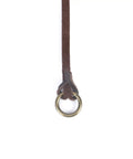Close-up of leather strap with brass ring, part of Leather Hunting Strap With 12 Ringed Loops And Brass Snap Hook for carrying game.