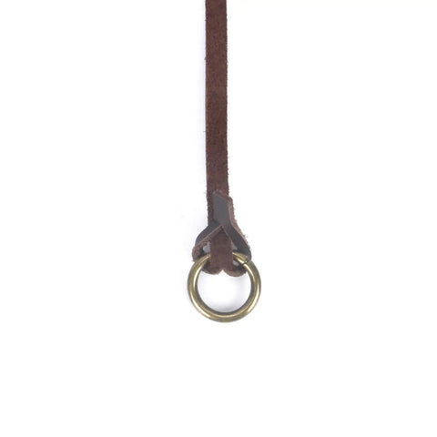 Close-up of leather strap with brass ring, part of Leather Hunting Strap With 12 Ringed Loops And Brass Snap Hook for carrying game.