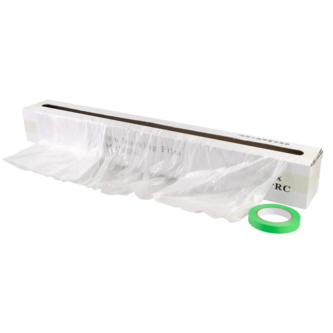 Clear 13 By 328 Feet Protective Masking Film for automotive painting, shown with packaging box and green tape roll, durable plastic sheeting.