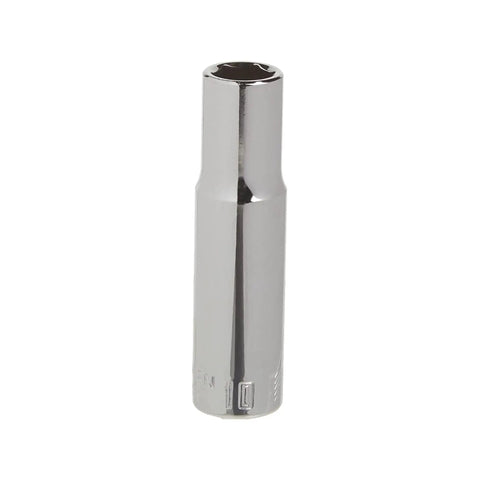 Deep Metric Socket For Three Eighths Inch Drive 6 Point 10mm With Full Polish Chrome Finish visible standing upright
