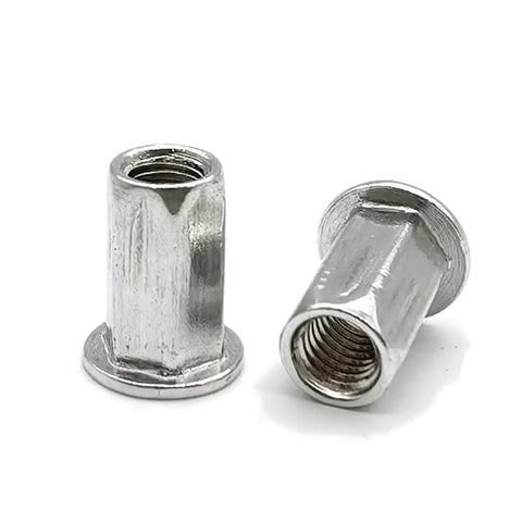 Flat Head Hex Blind Rivet Nut Aluminum Alloy Set M4 M5 M6 M8 for One Side Installations, No Rotation Hex Profile