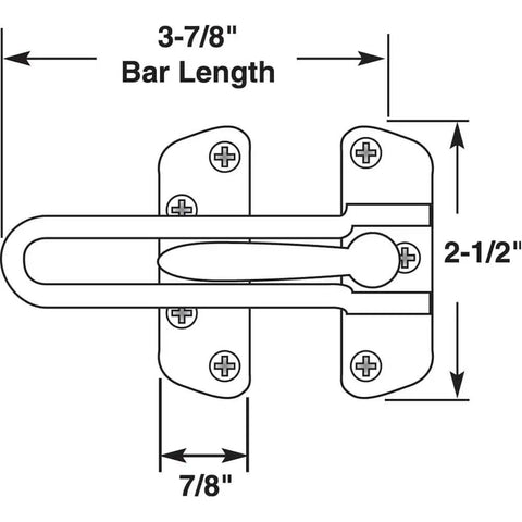 Diagram of Built Tough Swing Bar Lock For Hinged Doors With Secondary Security And Child Safe Ventilation Three And Seven Eighths Inch Bar Diecast Zinc Construction Classic Bronze Finish Easy Install Prime-Line U 10309 showing measurements.