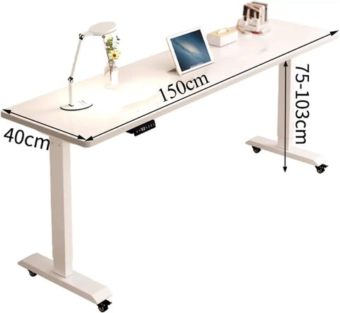 Cool Electric Lift Over Bed Table With Wheels Lets You Work From Home Or Hospital Using Solid Wood Top And Steel Frame, 150cm x 40cm.