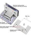 Heavy Duty Frameless Glass Door Hinges Rock Solid 90 Degree Shower Panel Hinge Brushed 304 Stainless Steel components including screws and gaskets.