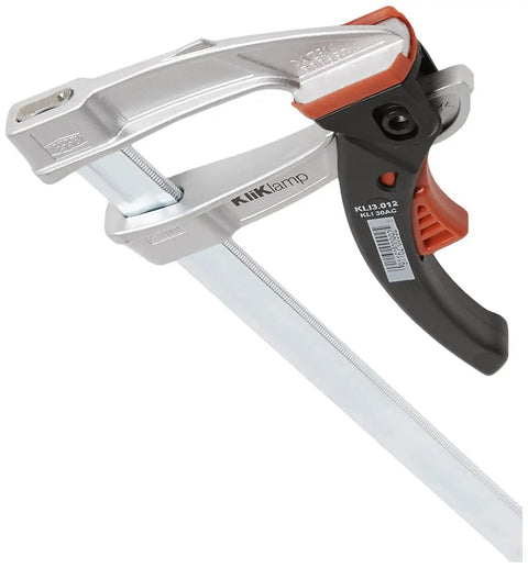 KliKlamp 12 Inch Quick Action Ratchet Lever Clamp Pro Grade For Woodworking Carpentry And Cabinetry This Heavy Duty Workhorse Clamp For DIY And Home Improvement., 12-inch magnesium jaw clamp with quick-release lever on a bar