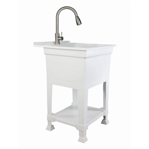 Freestanding Utility Tub Sink With Quick Connect Drain 24x24 white portable compact sink, heavy duty stainless steel pullout faucet.
