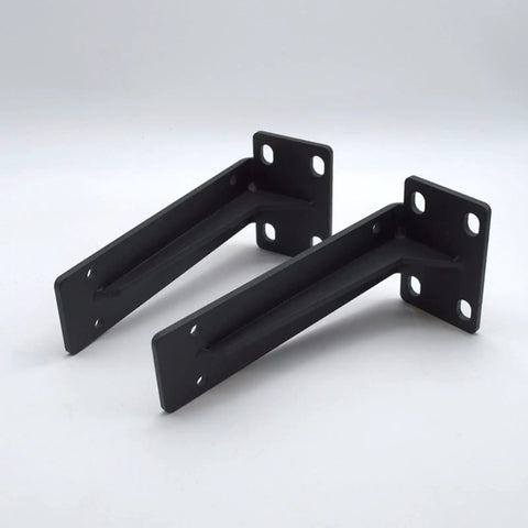 Rock Hard Heavy Duty Corner Shelf Brackets With Matte Black Finish And Rust Resistant Iron, showing two brackets for wall mount storage.