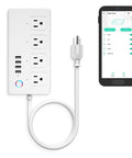 No Brainer Long Range Smart Power Strip With Four USB Ports And Four AC Outlets, Alexa Google IFTTT Compatible, shown with mobile app