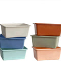 Six Pack Small Cubby Bins Set For Home Playroom And Classroom, Stackable Plastic Storage Bins In Boho Colors Smoke Blue Tan Mint Green Peach Sand Clay