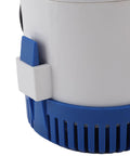 Close-up of Supercharged 4000 GPH 12 Volt DC Submersible Water Pump With Overheat Prevention's housing and blue base.
