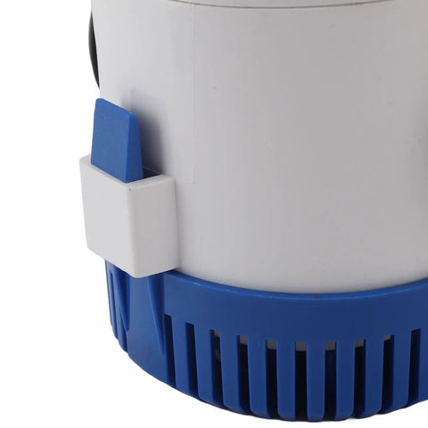 Close-up of Supercharged 4000 GPH 12 Volt DC Submersible Water Pump With Overheat Prevention's housing and blue base.
